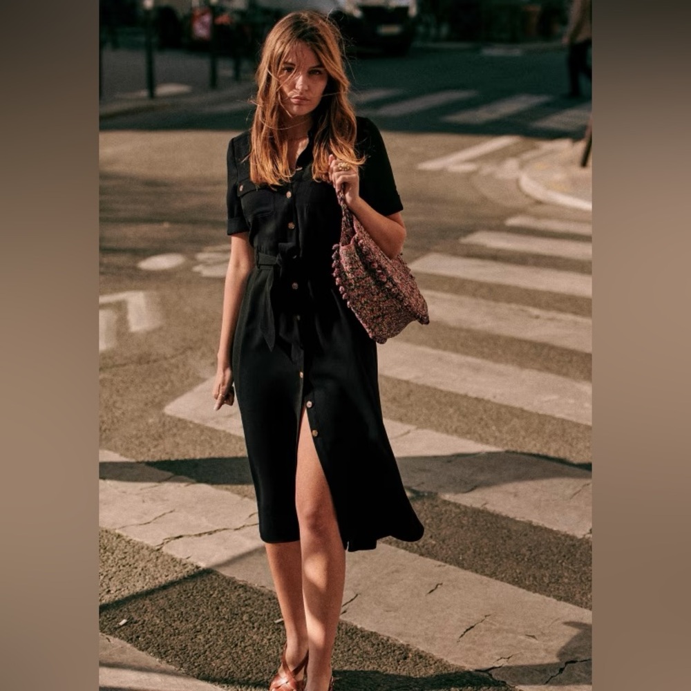 Sezane Black Jeanette Dress button up shirt dress size 38 *missing belt*